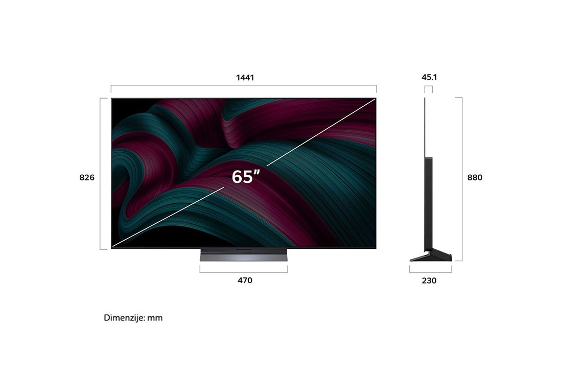 LG  LG OLED evo AI C5 4K Smart TV 2025 od 65 - inča, Prednji i bočni prikaz televizora LG OLED evo AI G5 4K Smart TV koji prikazuje dimenzije njegove duljine, širine, visine i dubine., OLED65C51LA, thumbnail 4