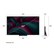 LG  LG OLED evo AI C5 4K Smart TV 2025 od 83 - inča, Prednji i bočni prikaz televizora LG OLED evo AI G5 4K Smart TV koji prikazuje dimenzije njegove duljine, širine, visine i dubine., OLED83C51LA, thumbnail 4