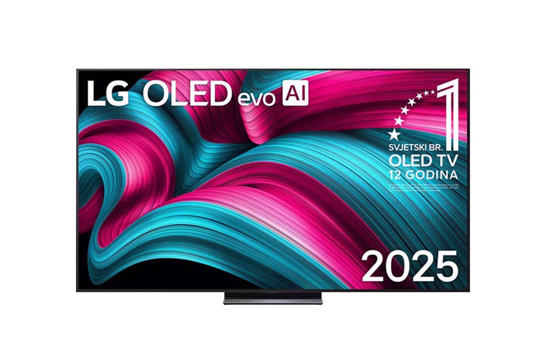 LG  LG OLED evo AI C5 4K Smart TV 2025 od 83 - inča, OLED77C51LA na zaslonu se prikazuju amblem „Najbolji OLED na svijetu već 12 godina” i logotip modela LG OLED evo AI 2025., OLED83C51LA