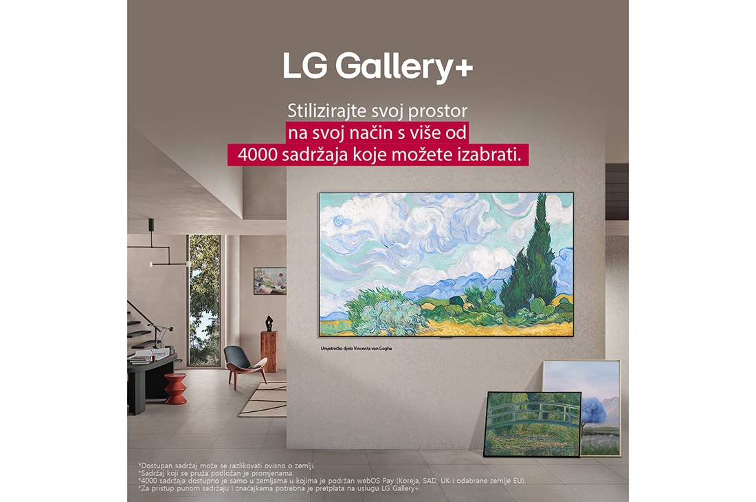 LG OLED evo AI C5 4K Smart TV 2025 od 83 inča, Unutrašnjost elegantnog doma. Prikazana su razna umjetnička djela. Na središnjem zidu nalazi se televizor LG TV na čijem je zaslonu prikazano umjetničko djelo. Televizor izgleda poput slike iz muzeja., OLED83C51LA, thumbnail 12
