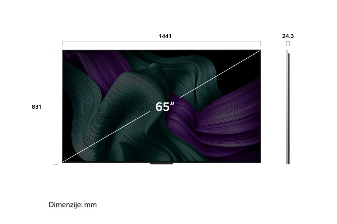 LG OLED evo AI M5 4K Smart TV 2025 od 65 inča, Prednji i bočni prikaz televizora LG OLED M5 Signature koji prikazuje dimenzije njegove duljine, širine, visine i dubine., OLED65M59LA, thumbnail 3