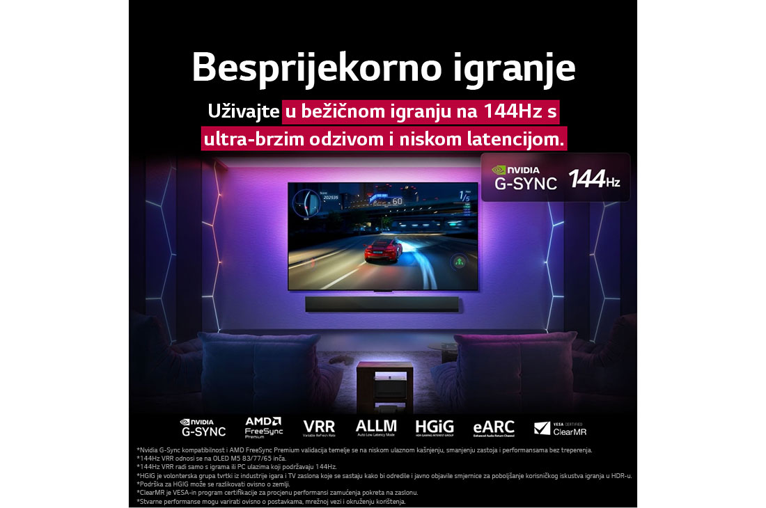 LG OLED evo AI M5 4K Smart TV 2025 od 65 inča, LG OLED M5 TV prikazuje igru na ekranu, ističući besprijekornu i glatku igru. Zero Connect Box je vidljiv, ali se dobro uklapa u prostor. Prikazane su gaming certifikacije. Tekst govori o 120Hz ultra-, OLED65M59LA, thumbnail 5