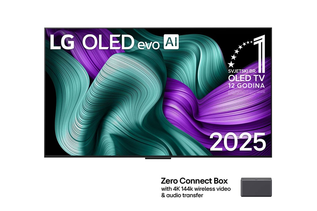 LG OLED evo AI M5 4K Smart TV 2025 od 65 inča, Prednji prikaz televizora LG OLED M5 Signature. Na zaslonu se prikazuju amblem „Najbolji OLED na svijetu već 12 godina” i logotip LG Signature OLED M. Zero Connect Box u kutu s naslovom, Zero Connect , OLED65M59LA