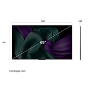 LG OLED evo AI M5 4K Smart TV 2025 od 65 inča, Prednji i bočni prikaz televizora LG OLED M5 Signature koji prikazuje dimenzije njegove duljine, širine, visine i dubine., OLED65M59LA, thumbnail 3