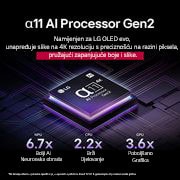 LG OLED evo AI M5 4K Smart TV 2025 od 65 inča, Prikaz procesora alpha 11 AI Processor Gen2 na tamnoj pozadini. Iznutra svijetli ljubičastom i plavom svjetlošću osvjetljavajući krugove mikročipa. Naslov upućuje na to kako procesor namijenjen modelu, OLED65M59LA, thumbnail 6