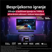 LG OLED evo AI M5 4K Smart TV 2025 od 65 inča, LG OLED M5 TV prikazuje igru na ekranu, ističući besprijekornu i glatku igru. Zero Connect Box je vidljiv, ali se dobro uklapa u prostor. Prikazane su gaming certifikacije. Tekst govori o 120Hz ultra-, OLED65M59LA, thumbnail 5