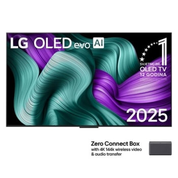 Prednji prikaz televizora LG OLED M5 Signature. Na zaslonu se prikazuju amblem „Najbolji OLED na svijetu već 12 godina” i logotip LG Signature OLED M. Zero Connect Box u kutu s naslovom, Zero Connect 1