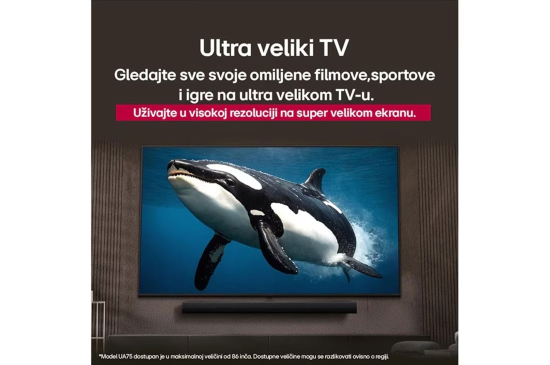 LG Televizor LG UHD AI UA75 4K Smart TV 2025 od 75 inča, Na zaslon LG UHD TV-a prikazuje se početna stranica operativnog sustava  webOS 25 ispunjena aplikacijama i zabavnim sadržajem. Pored televizora nalazi se daljinski upravljač LG AI Magic Remote AI gumb, 75UA75006LA, thumbnail 8