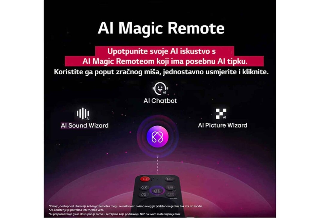 LG Televizor LG UHD AI UA75 4K Smart TV 2025 od 75 inča, U prvo planu je daljinski upravljač LG AI Magic Remote. Označena je ikona UI gumba. U pozadini je prikazano korisničko sučelje operativnog sustava LG webOS UI. Pokazivač miša označava kako se daljinsk, 75UA75006LA, thumbnail 9
