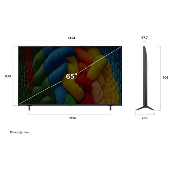 LG Televizor LG NanoCell AI NANO80 4K Smart TV 2025 od 65&nbsp;inča , Prednji i bočni prikaz televizora LG NanoCell AI 4K Smart TV koji prikazuje dimenzije njegove duljine, širine, visine i dubine., 65NANO80A3B, thumbnail 4