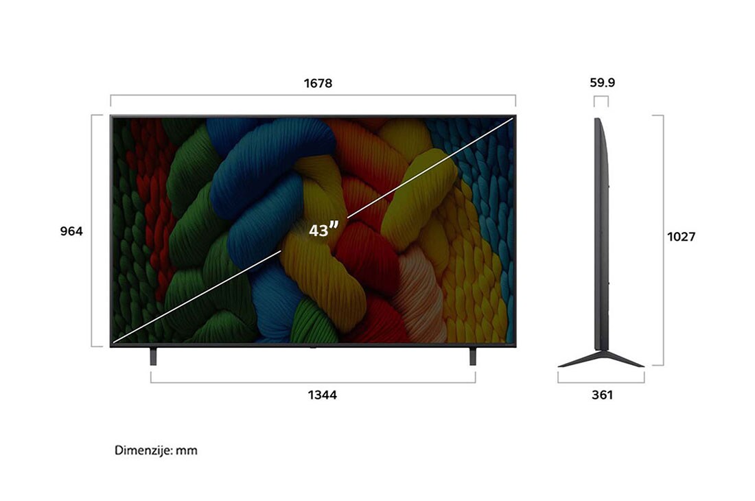 LG Televizor LG NanoCell AI NANO80 4K Smart TV 2025 od 43 inča , Prednji i bočni prikaz televizora LG NanoCell AI 4K Smart TV koji prikazuje dimenzije njegove duljine, širine, visine i dubine., 43NANO80A3B, thumbnail 4