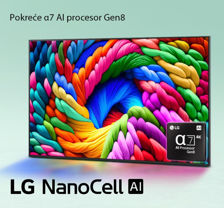 Televizor LG NanoCell TV blago je nakošen u lijevo i prikazuje šarene niti. Logotip procesora alpha 7 AI Processor Gen8 nalazi se u donjem desnom uglu televizora. Pozadina se preljeva u svijetlo tirkiznoj boji. Logotip LG NanoCell AI se nalazi u donjem lijevom uglu. Vidljiv je i tekst „pokretan procesorom alpha 7 AI Processor Gen8”.