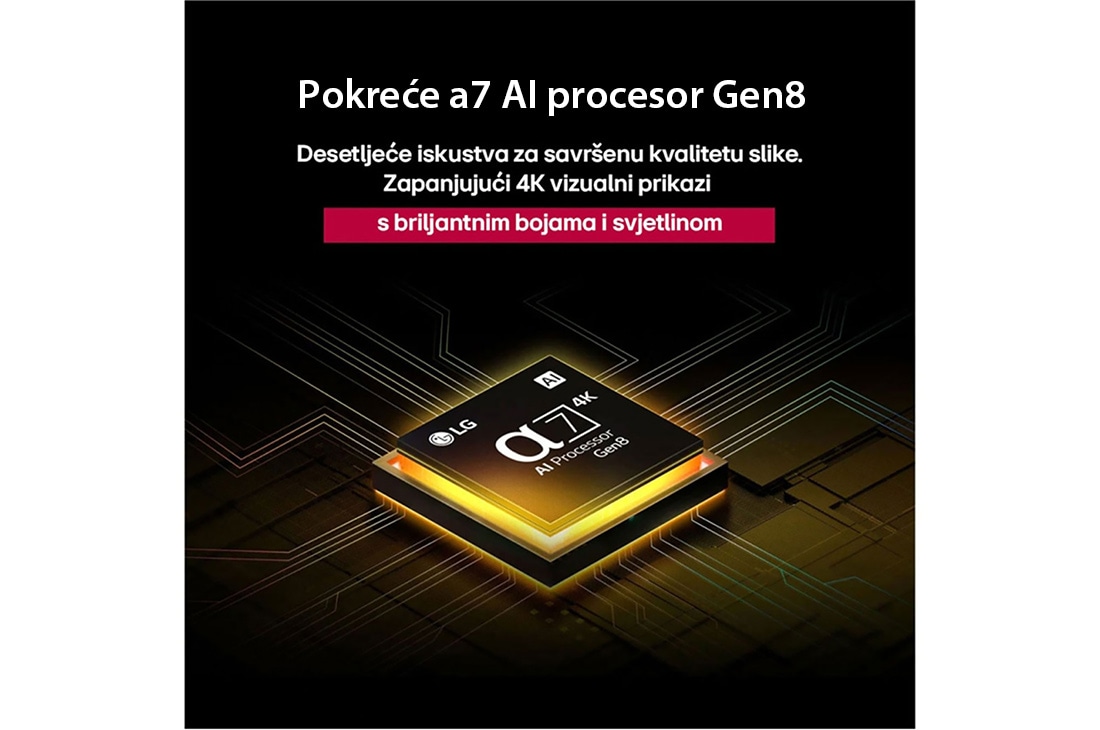 LG Televizor LG NanoCell AI NANO90 4K Smart TV 2025 od 65 inča , Procesor alpha 7 AI Processor Gen8 svijetli žutim svjetlom, a iz njega izlaze raznobojni bljeskovi svjetla. Naslov upućuje kako procesor omogućuje kvalitetu u rezoluciji od 4K, zapanjujuće boje i osvj, 65NANO90A3B, thumbnail 6