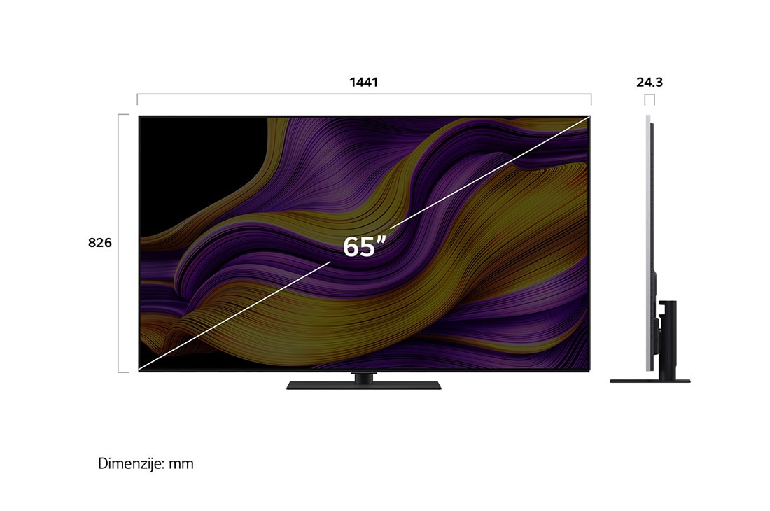 LG  LG OLED evo AI G5 4K Smart TV 2025 od 65 inča, Prednji i bočni prikaz televizora LG OLED evo AI G5 4K Smart TV koji prikazuje dimenzije njegove duljine, širine, visine i dubine., OLED65G53LS, thumbnail 4