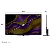 LG  LG OLED evo AI G5 4K Smart TV 2025 od 65 inča, Prednji i bočni prikaz televizora LG OLED evo AI G5 4K Smart TV koji prikazuje dimenzije njegove duljine, širine, visine i dubine., OLED65G53LS, thumbnail 4