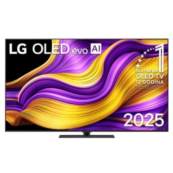 Prednji prikaz televizora LG OLED evo AI G5 4K Smart TV. Na zaslonu se prikazuju amblem „Najbolji OLED na svijetu već 12 godina” i logotip modela LG OLED evo AI 2025.