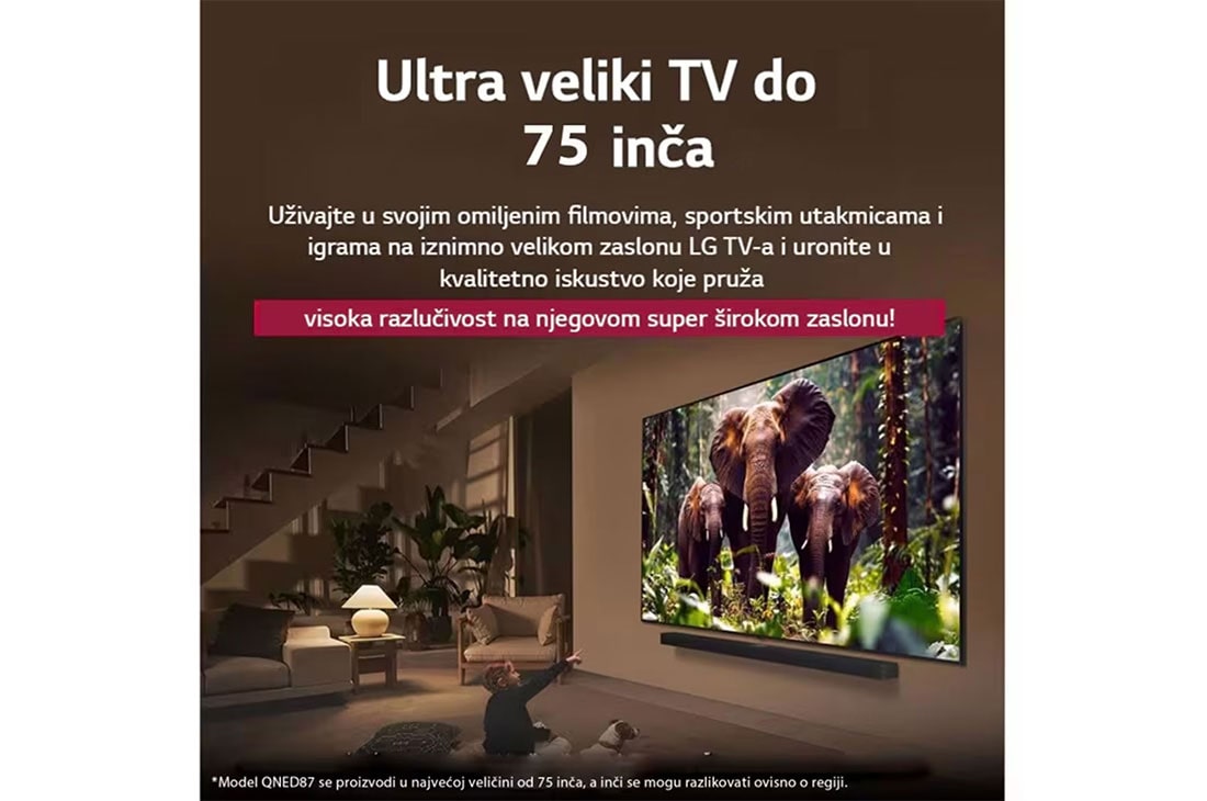 LG Televizor LG QNED evo AI QNED87 4K Smart TV 2025 od 50 inča, Djevojčica i pas sjede ispred televizora LG QNED TV montiranog na zid na kojem se prikazuju tri slona kako hodajući izlaze iz  LG Soundbara. Naslov upućuje na to kako je svaka akcija uzbudljivija na o, 50QNED87A3D, thumbnail 8