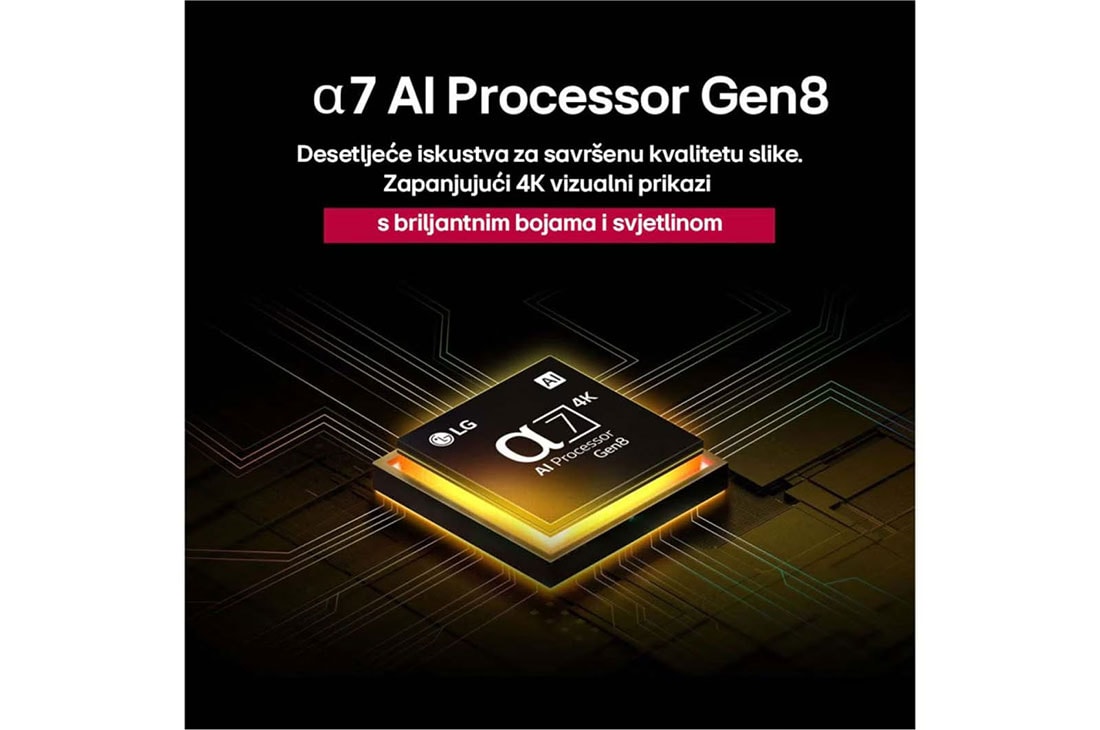 LG Televizor LG QNED evo AI QNED87 4K Smart TV 2025 od 50 inča, Procesor alpha 8 AI Processor Gen2 svijetli narančastim i ružičastim svjetlom, a iz njega izlaze bljeskovi svjetla. Naslov upućuje kako procesor omogućuje kvalitetu u rezoluciji od 4K, zapanjujuće boj, 50QNED87A3D, thumbnail 4