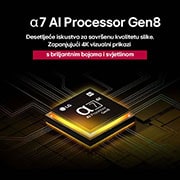 LG Televizor LG QNED evo AI QNED87 4K Smart TV 2025 od 50 inča, Procesor alpha 8 AI Processor Gen2 svijetli narančastim i ružičastim svjetlom, a iz njega izlaze bljeskovi svjetla. Naslov upućuje kako procesor omogućuje kvalitetu u rezoluciji od 4K, zapanjujuće boj, 50QNED87A3D, thumbnail 4