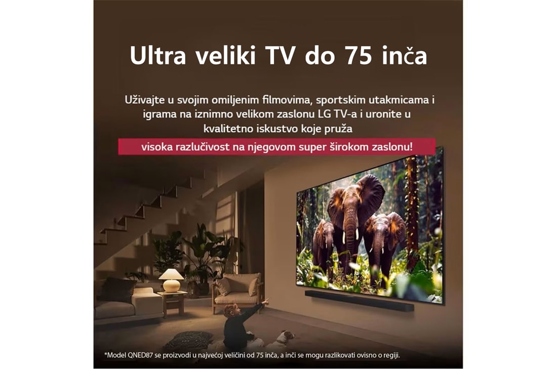 LG Televizor LG QNED evo AI QNED87 4K Smart TV 2025 od 55 inča, Djevojčica i pas sjede ispred televizora LG QNED TV montiranog na zid na kojem se prikazuju tri slona kako hodajući izlaze iz  LG Soundbara. Naslov upućuje na to kako je svaka akcija uzbudljivija na o, 55QNED87A3B, thumbnail 8