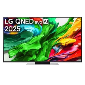 Изглед отпред на LG QNED evo TV, лого LG QNED evo Al Logo в горния ъгъл. LG QNED evo показва цветни текстури на бои, които се съчетават.