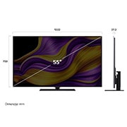 LG  LG OLED evo AI G5 4K Smart TV 2025 od 55 inča, Prednji i bočni prikaz televizora LG OLED evo AI G5 4K Smart TV koji prikazuje dimenzije njegove duljine, širine, visine i dubine., OLED55G53LS, thumbnail 4