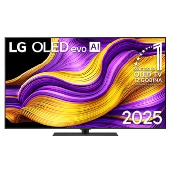 Prednji prikaz televizora LG OLED evo AI G5 4K Smart TV. Na zaslonu se prikazuju amblem „Najbolji OLED na svijetu već 12 godina” i logotip modela LG OLED evo AI 2025.1