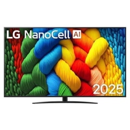 Prednji prikaz televizora NanoCell TV, logotip LG NanoCell Al nalazi se u gornjem uglu. Na televizoru LG NanoCell TV prikazuju se šarene boje u teksturi sličnoj slici koje se spajaju.2