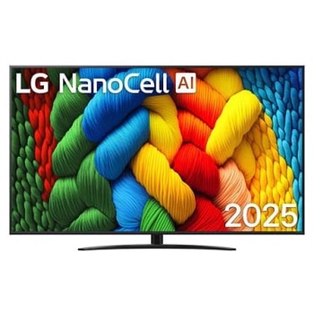 Prednji prikaz televizora NanoCell TV, logotip LG NanoCell Al nalazi se u gornjem uglu. Na televizoru LG NanoCell TV prikazuju se šarene boje u teksturi sličnoj slici koje se spajaju.1