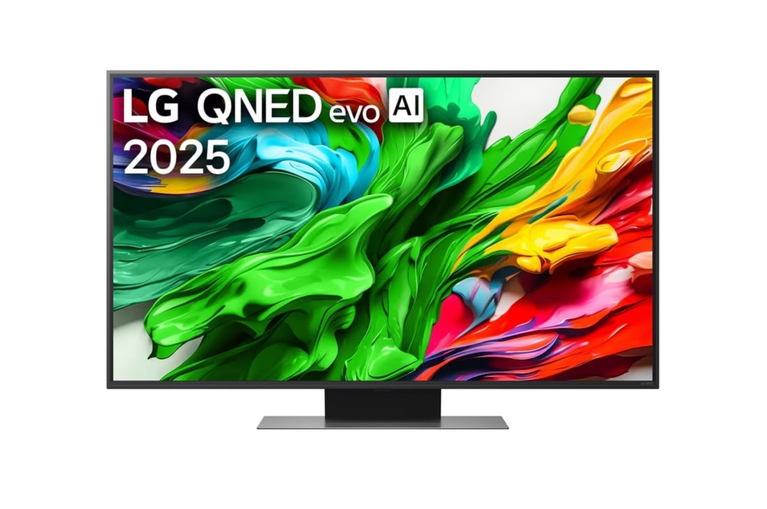 LG Televizor LG QNED evo AI QNED86 4K Smart TV 2025 od 43 inča, Изглед отпред на LG QNED evo TV, лого LG QNED evo Al Logo в горния ъгъл. LG QNED evo показва цветни текстури на бои, които се съчетават., 43QNED86A3C
