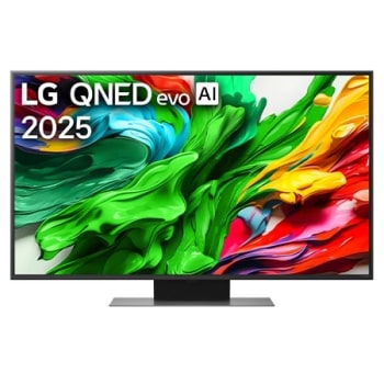 Изглед отпред на LG QNED evo TV, лого LG QNED evo Al Logo в горния ъгъл. LG QNED evo показва цветни текстури на бои, които се съчетават.