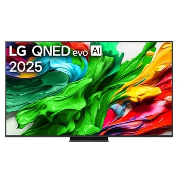Изглед отпред на LG QNED evo TV, лого LG QNED evo Al Logo в горния ъгъл. LG QNED evo показва цветни текстури на бои, които се съчетават.1