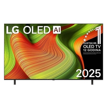 Prednji prikaz televizora LG OLED AI B5 4K Smart TV. Na zaslonu se prikazuju amblem „Najbolji OLED na svijetu već 12 godina” i logotip LG OLED AI 2025.
