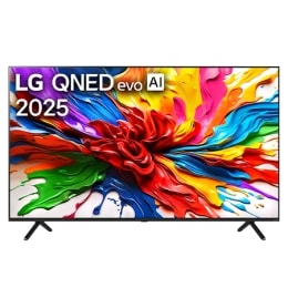 Prednji prikaz televizora LG QNED TV, logotip LG QNED Al u gornjem uglu. Na televizoru LG QNED TV prikazuju se šarene boje u teksturi sličnoj slici koje se spajaju.2