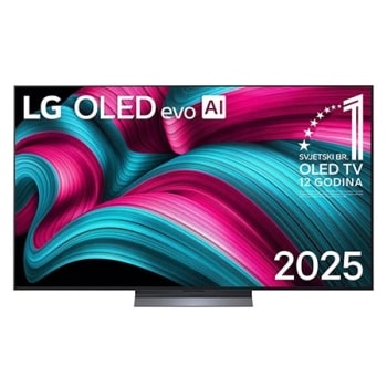 Prednji prikaz televizora LG OLED evo AI G5 4K Smart TV. Na zaslonu se prikazuju amblem „Najbolji OLED na svijetu već 12 godina” i logotip modela LG OLED evo AI 2025.