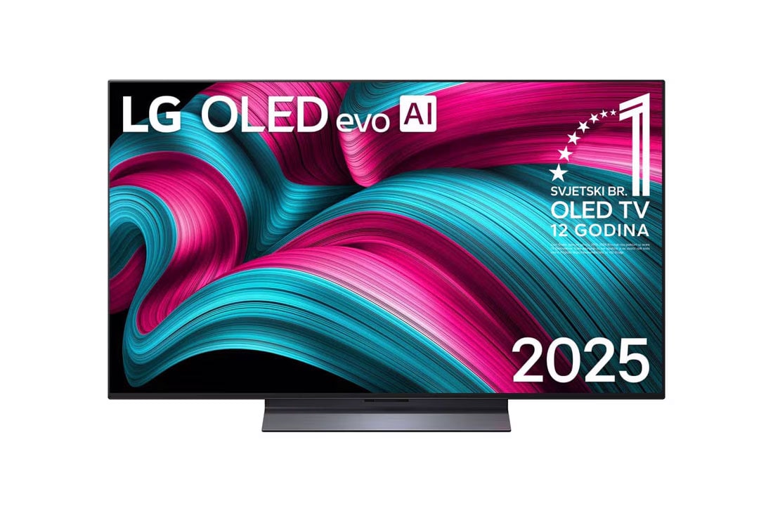 LG  LG OLED evo AI C5 4K Smart TV 2025 od 48 -inča, OLED48C5ELB na zaslonu se prikazuju amblem „Najbolji OLED na svijetu već 12 godina” i logotip modela LG OLED evo AI 2025., OLED48C5ELB
