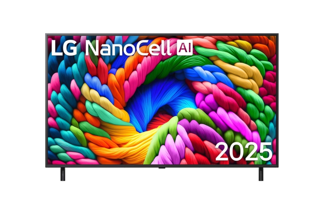 LG Televizor LG NanoCell AI NANO90 4K Smart TV 2025 od 55 inča , Prednji prikaz televizora NanoCell TV, logotip LG NanoCell Al nalazi se u gornjem uglu. Na televizoru LG NanoCell TV prikazuju se šarene boje u teksturi sličnoj slici koje se spajaju., 55NANO90A3B