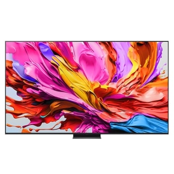 Изглед отпред на LG QNED evo TV, лого LG QNED evo Al Logo в горния ъгъл. LG QNED evo показва цветни текстури на бои, които се съчетават.1