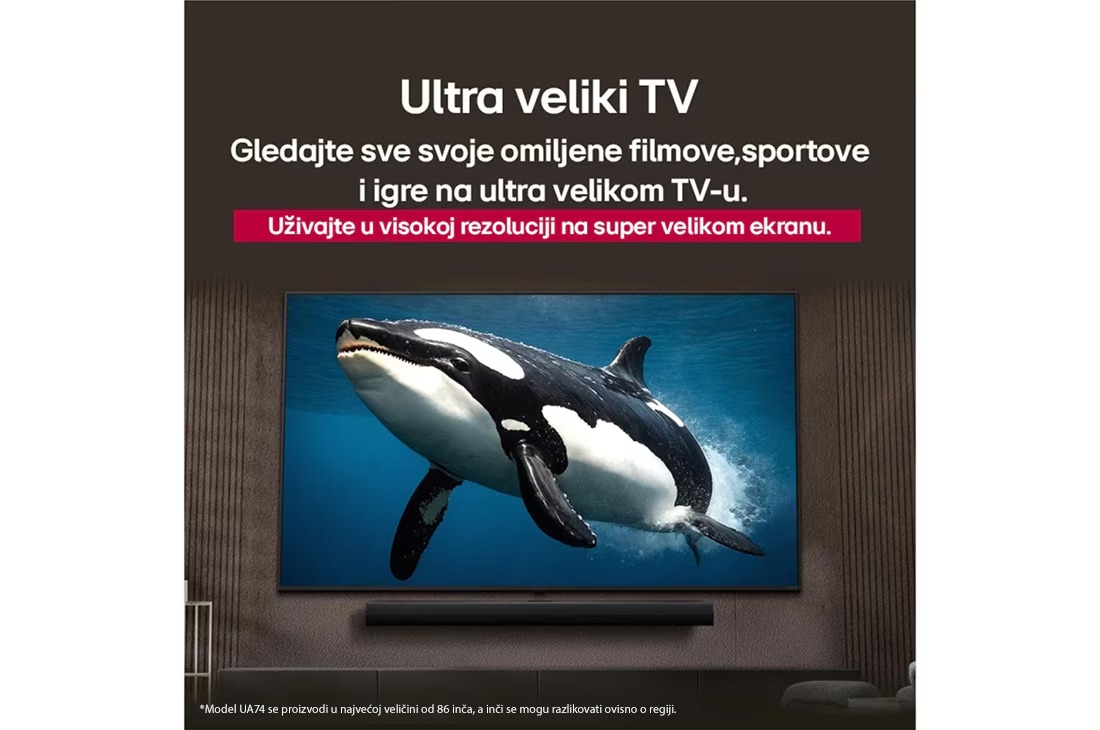 LG Televizor LG UHD AI UA74 4K Smart TV 2025 od 43 inča, LG TV s ogromnim zaslonom montiran je na zidu iznad  LG Soundbara u modernom stambenom prostoru., 43UA74003LB, thumbnail 8
