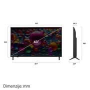 LG Televizor LG UHD AI UA74 4K Smart TV 2025 od 43 inča, Prednji i bočni prikaz televizora LG UHD AI 4K Smart TV koji prikazuje dimenzije njegove duljine, širine, visine i dubine., 43UA74003LB, thumbnail 4