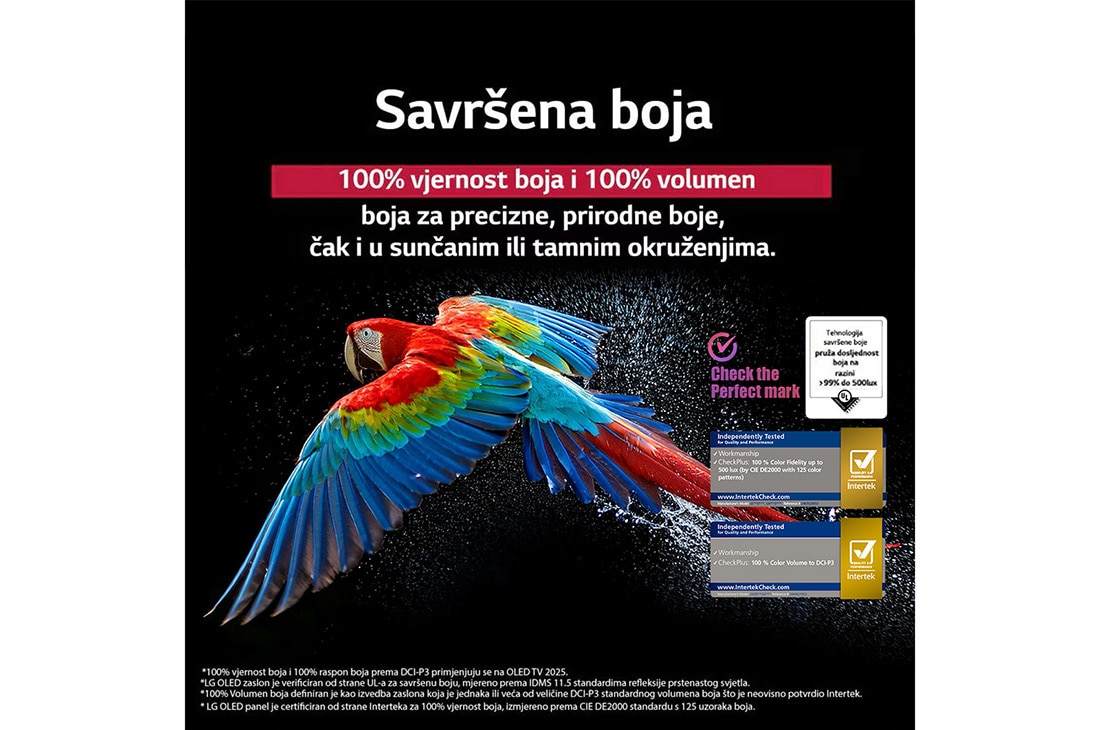 LG OLED evo AI C5E 4K Smart TV 2025 od 83 inča, Šarena papiga prikazana u super visokoj rezoluciji na crnoj pozadini. Kapljice vode lebde u zraku oko nje. Slika prikazuje savršenu boju, jer je svaka nijansa na tijelu papige živopisna i jasna. Vidlj, OLED83C5ELA, thumbnail 8