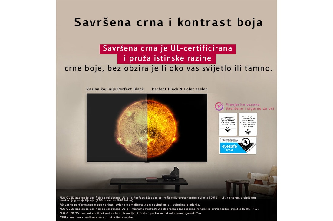 LG OLED evo AI C5E 4K Smart TV 2025 od 83 inča, Na televizoru LG OLED TV prikazuje se vizualna usporedba između zaslona sa savršenom bojom i savršenom crnom bojom i zaslona bez ovih opcija. Certifikat tvrtke UL i potvrda sigurnog gledanja za oči vi, OLED83C5ELA, thumbnail 7