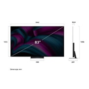 LG OLED evo AI C5E 4K Smart TV 2025 od 83 inča, Prednji i bočni prikaz televizora LG OLED evo AI C5E 4K Smart TV koji prikazuje dimenzije njegove duljine, širine, visine i dubine., OLED83C5ELA, thumbnail 4