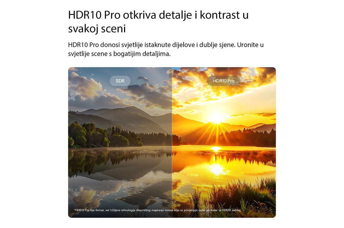 LG Pametni televizor LG NANO 4K UHD AI NU80 Smart TV 2026 od 43 inča, Na televizoru LG NANO 4K UHD AI NU80 ističe se tehnologija HDR10 Pro na podijeljenoj slici na kojoj se uspoređuju tehnologije SDR i HDR10 Pro, otkrivajući svjetlije istaknute dijelove, tamnije sjene i, 43NU800B3LC, thumbnail 4