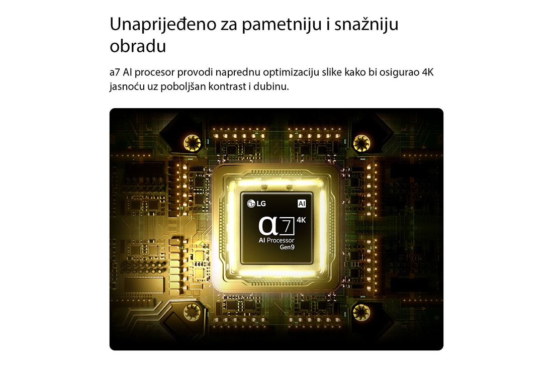 LG Pametni televizor LG NANO 4K UHD AI NU80 Smart TV 2026 od 43 inča, Procesor alpha 7 AI Processor 4K Gen9 televizora LG NANO 4K UHD AI NU80 svijetli u središtu žute tiskane pločice, ističući pametniju, snažniju UI obradu koja poboljšava jasnoću slike u 4K rezoluciji s, 43NU800B3LC, thumbnail 5