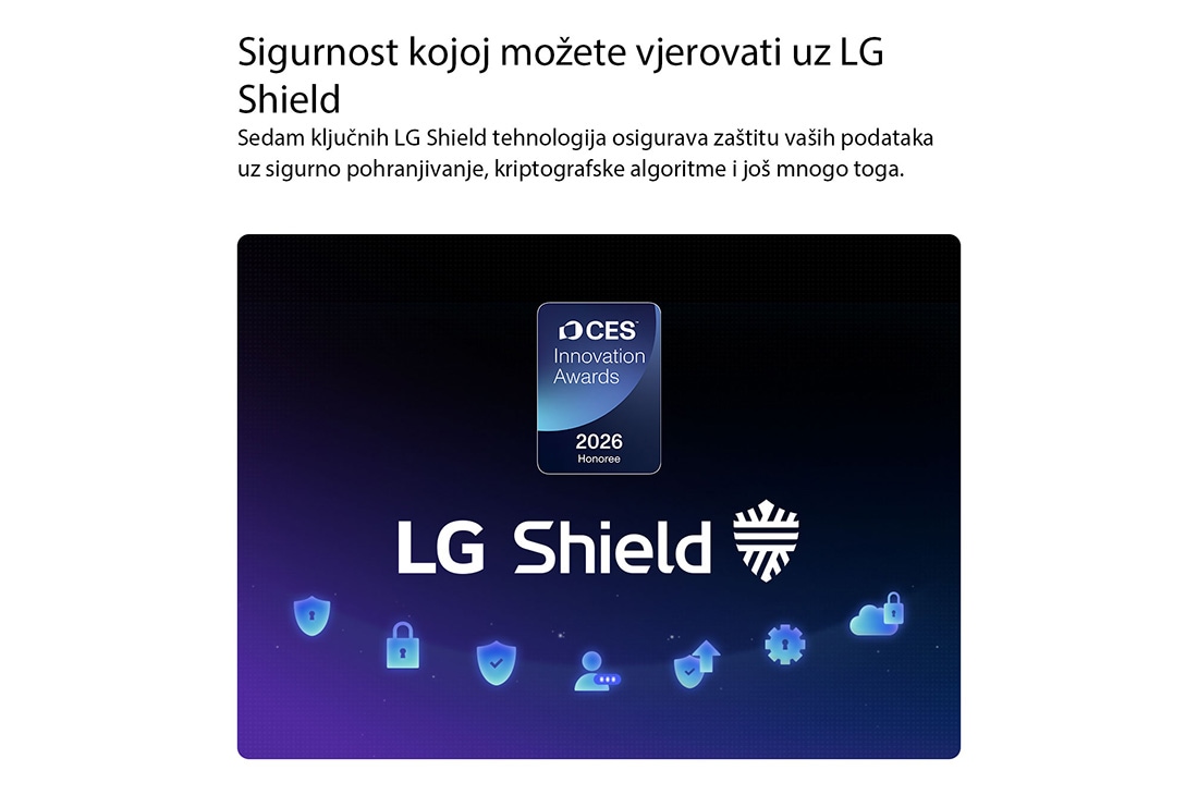 LG Pametni televizor LG NANO 4K UHD AI NU80 Smart TV 2026 od 43 inča, Sigurnosni sustav LG Shield, primijenjen na televizoru LG NANO 4K UHD AI NU80, prikazan je s logotipom sigurnosnog sustava LG Shield u sredini, sigurnosnim ikonama ispod i oznakom dobitnika nagrade za, 43NU800B3LC, thumbnail 7