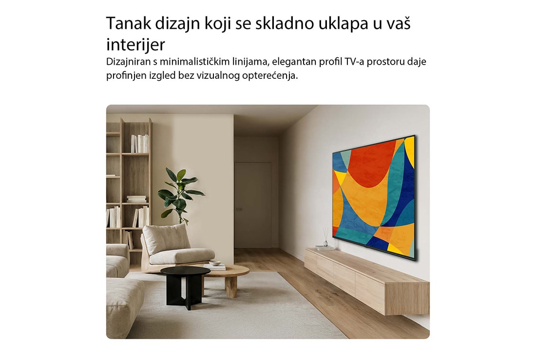 LG Pametni televizor LG NANO 4K UHD AI NU80 Smart TV 2026 od 43 inča, Televizor LG NANO 4K UHD AI NU80 s tankim dizajnom montiran je na zidu u svijetlom, otvorenom dnevnom boravku, s elegantnim profilom koji se besprijekorno stapa s interijerom dok prikazuje živopisne, , 43NU800B3LC, thumbnail 11