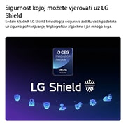 LG Pametni televizor LG NANO 4K UHD AI NU80 Smart TV 2026 od 43 inča, Sigurnosni sustav LG Shield, primijenjen na televizoru LG NANO 4K UHD AI NU80, prikazan je s logotipom sigurnosnog sustava LG Shield u sredini, sigurnosnim ikonama ispod i oznakom dobitnika nagrade za, 43NU800B3LC, thumbnail 7