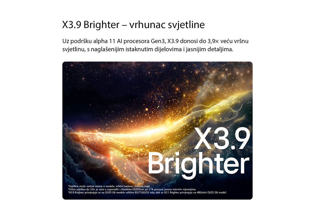 LG 55 inča LG OLED evo AI G6 4K Smart TV 2026, Na televizoru LG OLED evo AI G6 sa značajkom pojačanja osvjetljenja Brightness Booster Ultra prikazuje se tamna scena u kojoj se jarko osvijetljena silueta kita ističe usred sjajnih čestica, omogućuju, OLED55G61LW, thumbnail 5