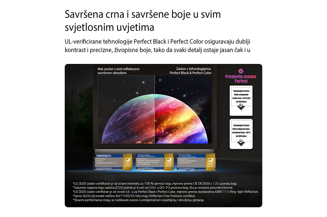 LG 55 inča LG OLED evo AI G6 4K Smart TV 2026, Televizor LG OLED evo AI G6 prikazuje scenu planeta i zvijezda na podijeljenom zaslonu, uspoređujući mat zaslon bez odsjaja sa zaslonom koji prikazuje savršenu crnu boju i savršenu boju za jasniju sli, OLED55G61LW, thumbnail 6